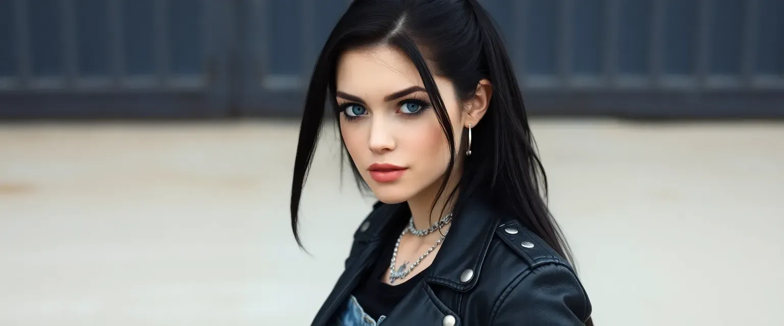 26-year-old woman with jet-black hair, pale skin, blue-gray eyes, tattoos, wearing leather jacket, band tee, ripped jeans, silver jewelry.