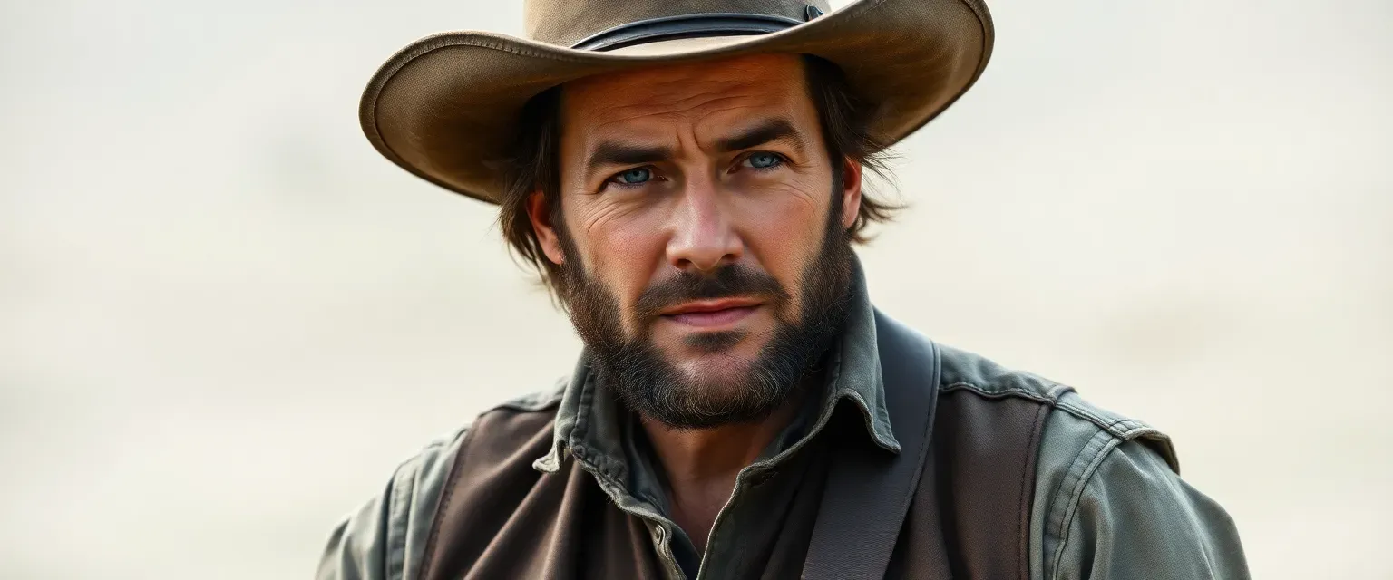 Mid-thirties man with broad frame, weathered skin, dark brown hair, blue eyes, wearing leather vest, linen shirt, durable trousers, boots, and a wide-brimmed hat.