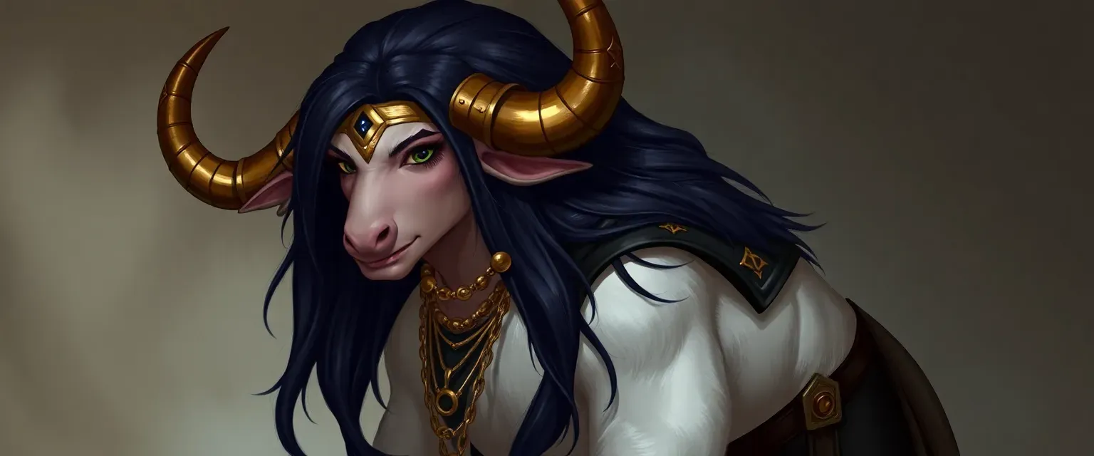 Half Minotaur with light fur, long black hair, golden jewelry, large horns with bronze cuffs, bull-like nose, hooves, long tail, black leather outfit, and body armor.