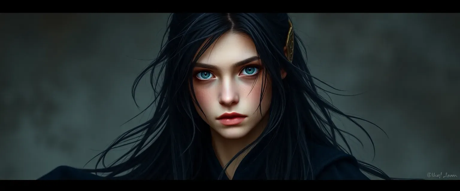 Young woman, 22, with dull gray eyes and long, disheveled black hair, wearing dark, flowing garments.