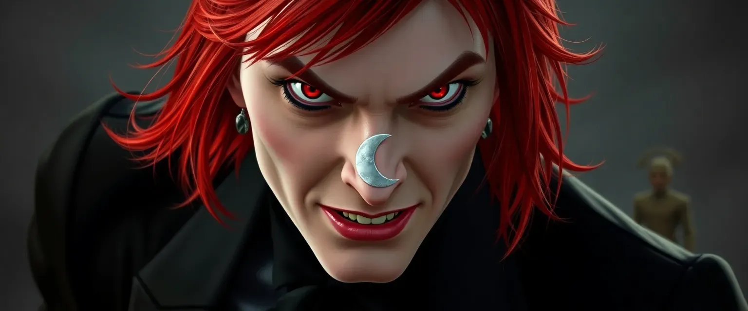 Red-haired vampire with piercing red eyes, wearing a tailored black suit and a silver crescent moon brooch.