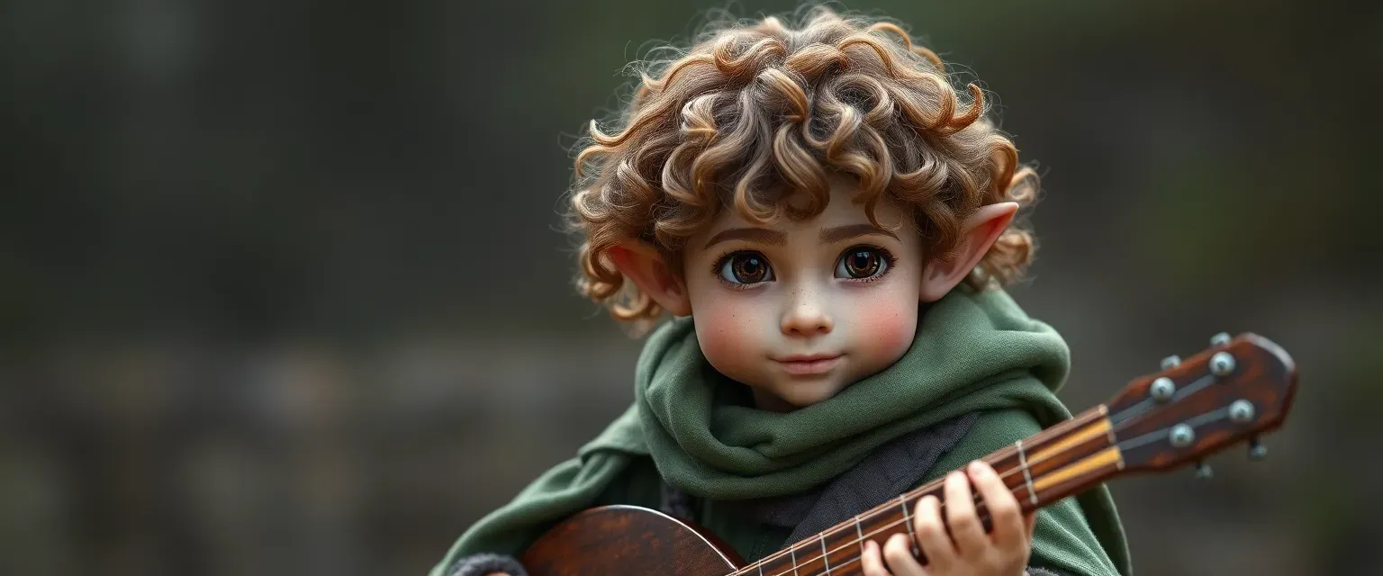 A weathered Halfling with curly chestnut hair, bright hazel eyes, wearing a faded green cloak and carrying a lute.