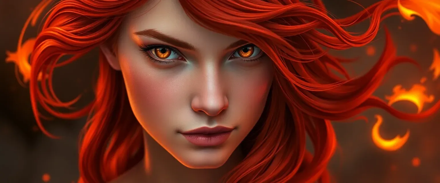 Young woman with glowing warm skin, fiery red hair with dancing embers, and striking amber eyes.