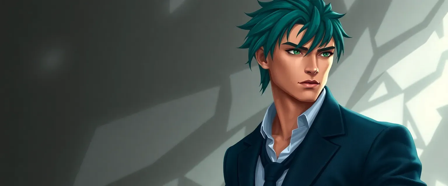 Immortal demigod, 2,394 years old, sea green eyes, long ivy league haircut, lean muscular build, casual and formal attire.
