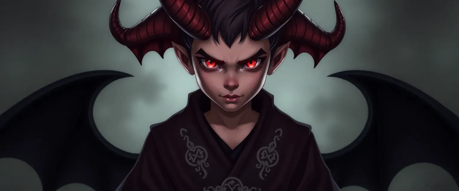 Young demon with piercing red eyes, subtle horns, wearing a dark robe with healing symbols and sturdy boots.