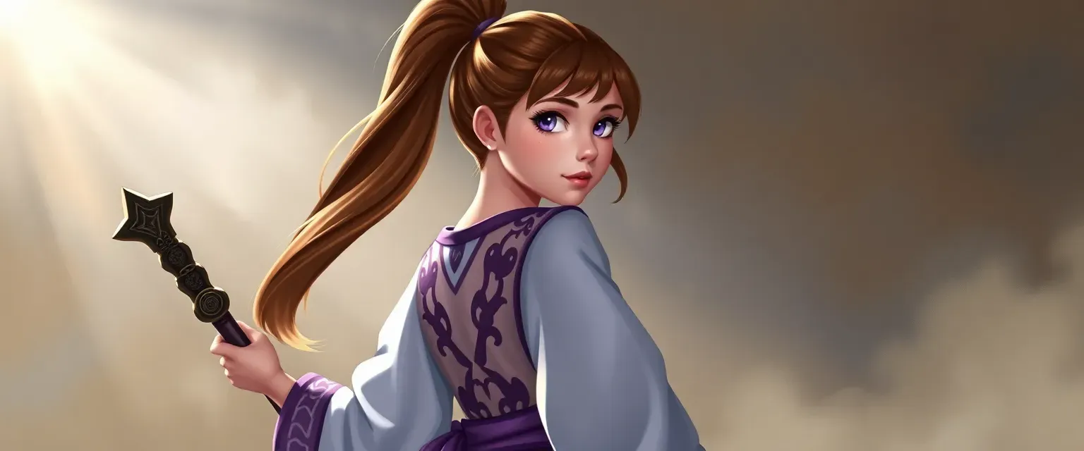 Young mage with high ponytail, purple eyes, and kimono top, marked back, with knee-high stockings and short boots.