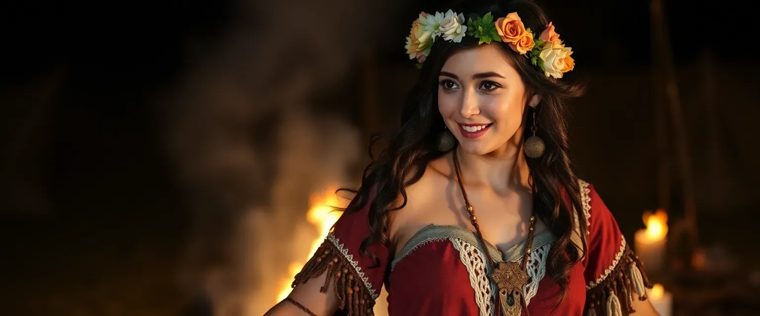 Slavic woman, 32, with dark wavy hair and a flower crown, dressed in traditional tribal cloths, dancing confidently around a bonfire at night.