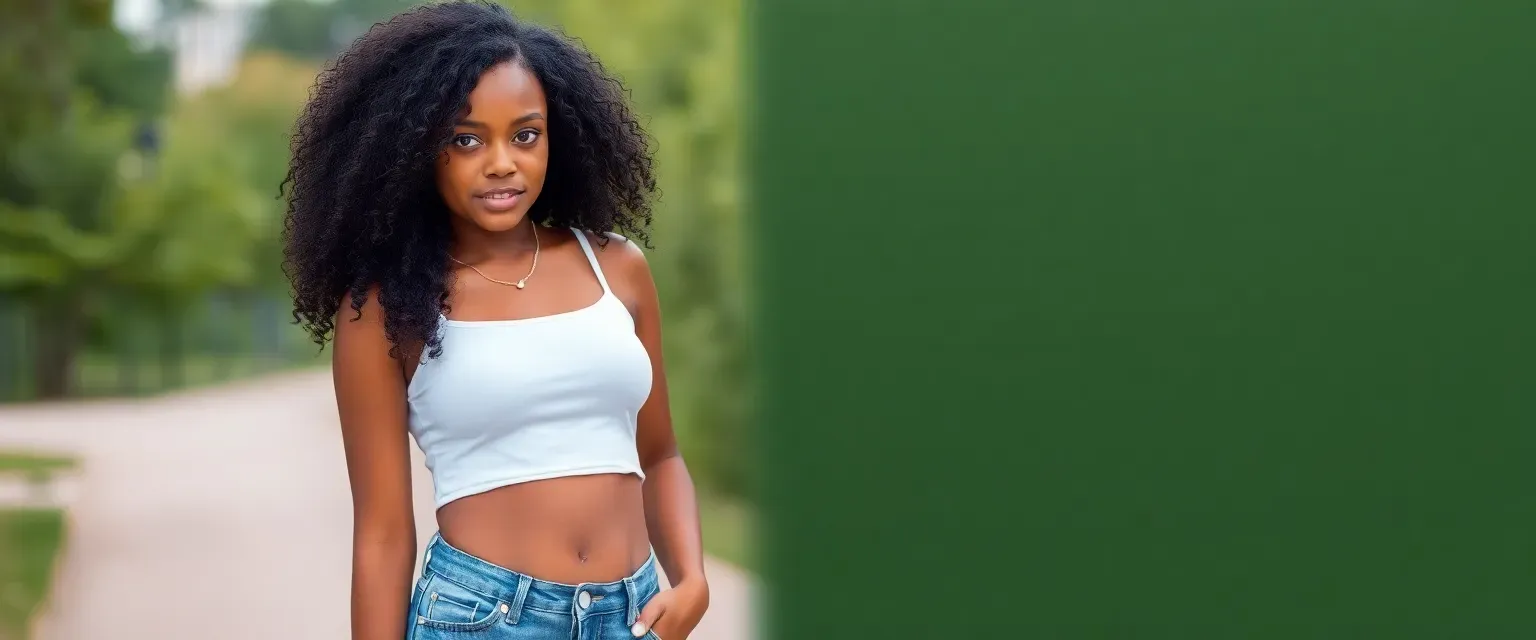 17-year-old girl with dark chocolate curls, heterochromatic eyes, soft curvy body, wearing denim shorts and white crop top, white sneakers, dainty necklace.