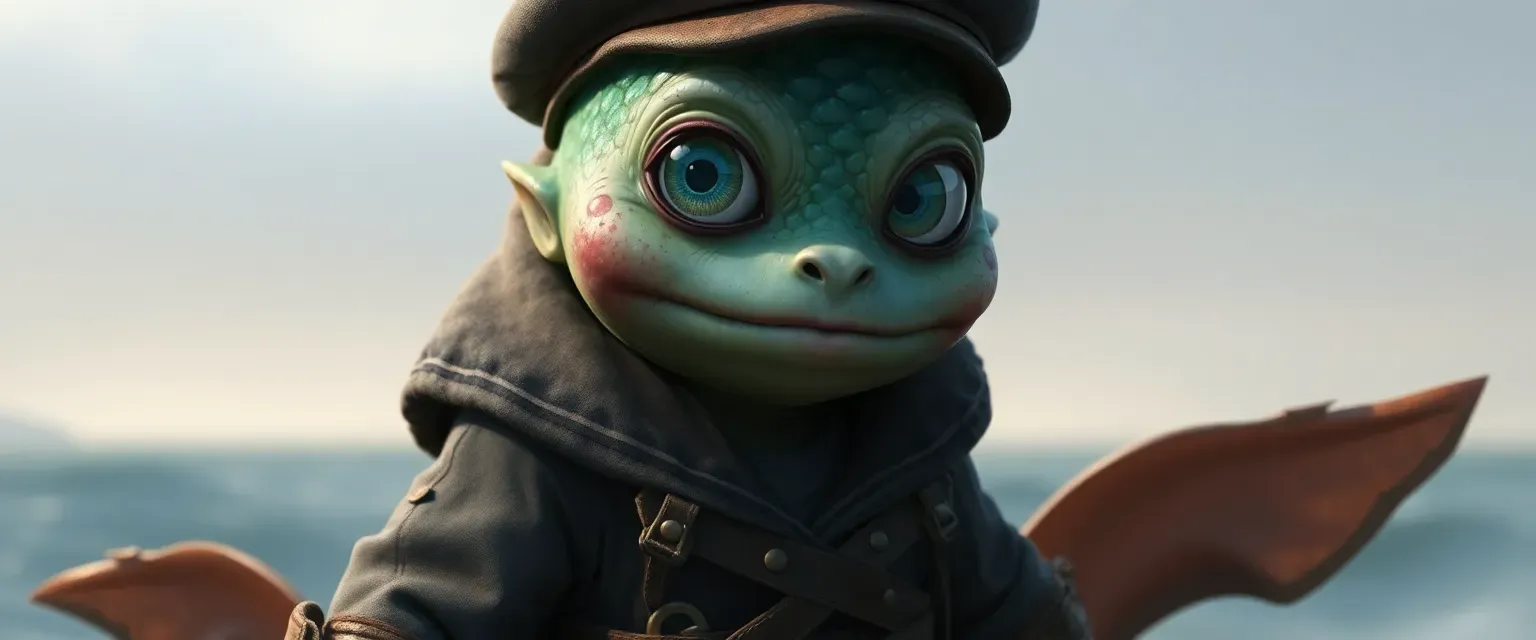16-year-old fish person with blue-green scales, large ocean-hued eyes, wearing a tattered sailor's coat and worn boots.