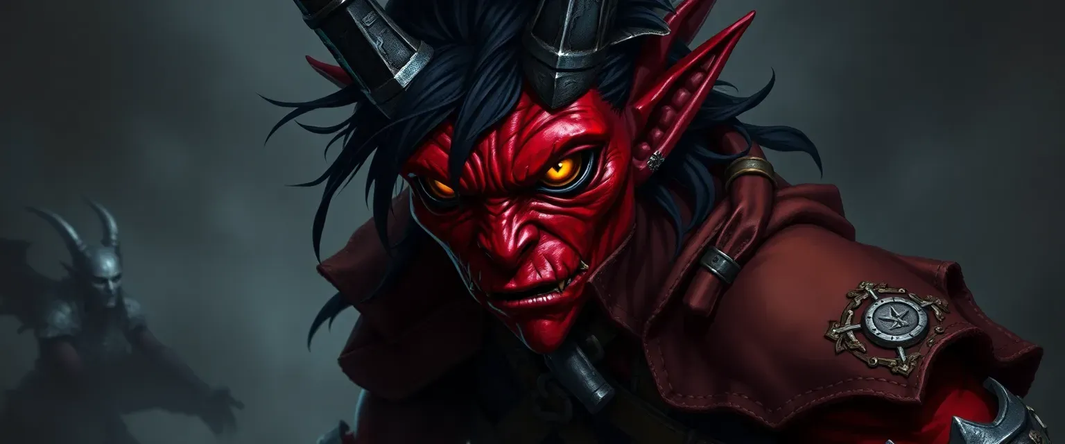 Crimson-skinned Tiefling with black hair and glowing yellow eyes, wearing a patchwork of leather and armor.