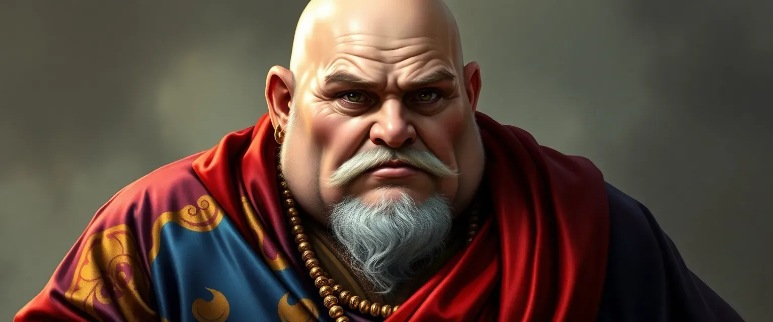 A large, bald man in his 50s, wearing vibrant silk attire with a golden ring around his head.
