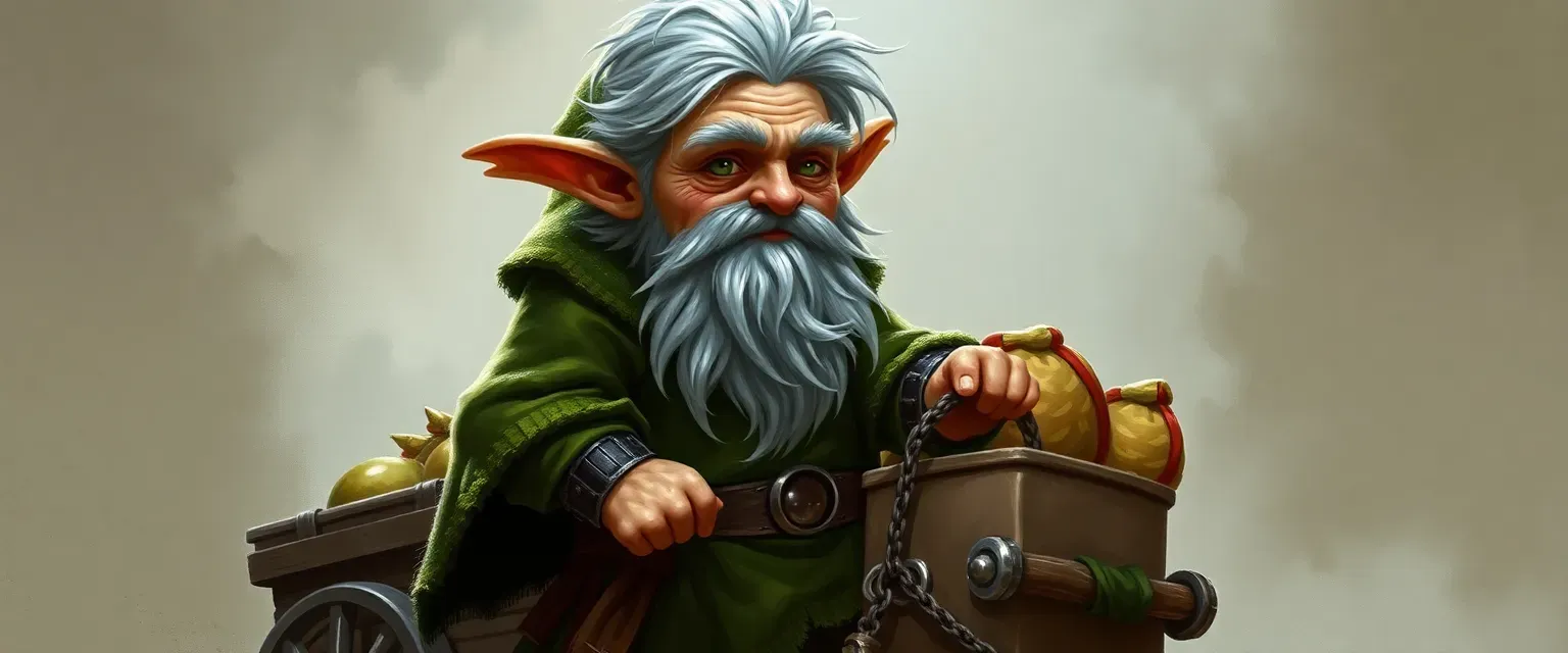 Elderly gnome with silver-green hair, moss-green cloak, and jingly boots, carrying a cart of enchanted goods.