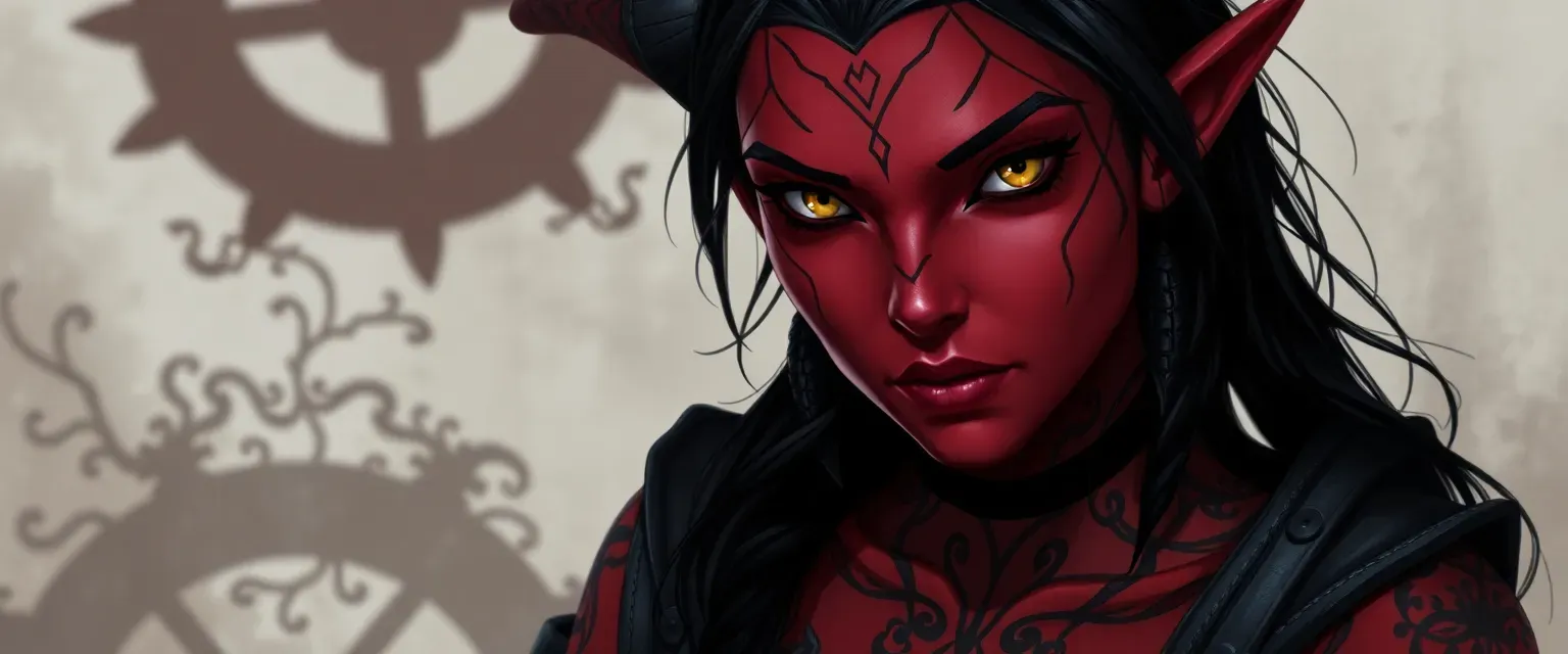Crimson-skinned tiefling woman with yellow eyes, black hair, and intricate tattoos, dressed in dark, practical clothing.