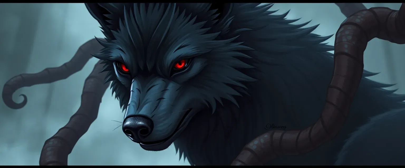 Dark grey wolf with red eyes, able to summon tentacles, caring and protective.