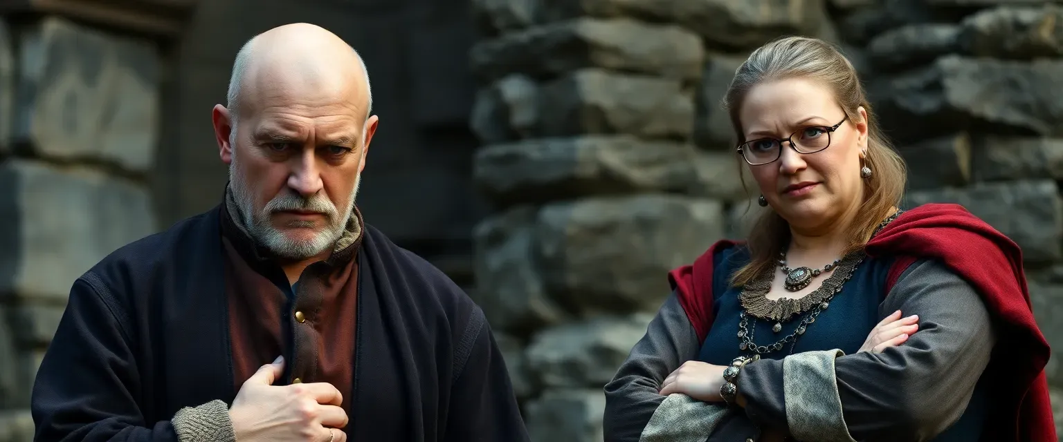 Bald, puny man in sixties, medieval clothes, dejected. Robust woman in fifties, medieval dress, arms crossed, towering.