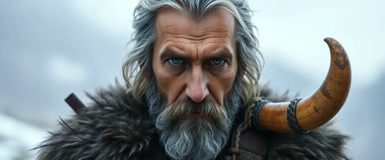 Rugged man in his late 40s, grey hair, piercing blue eyes, wearing thick fur garments, carrying a cattle horn signal.