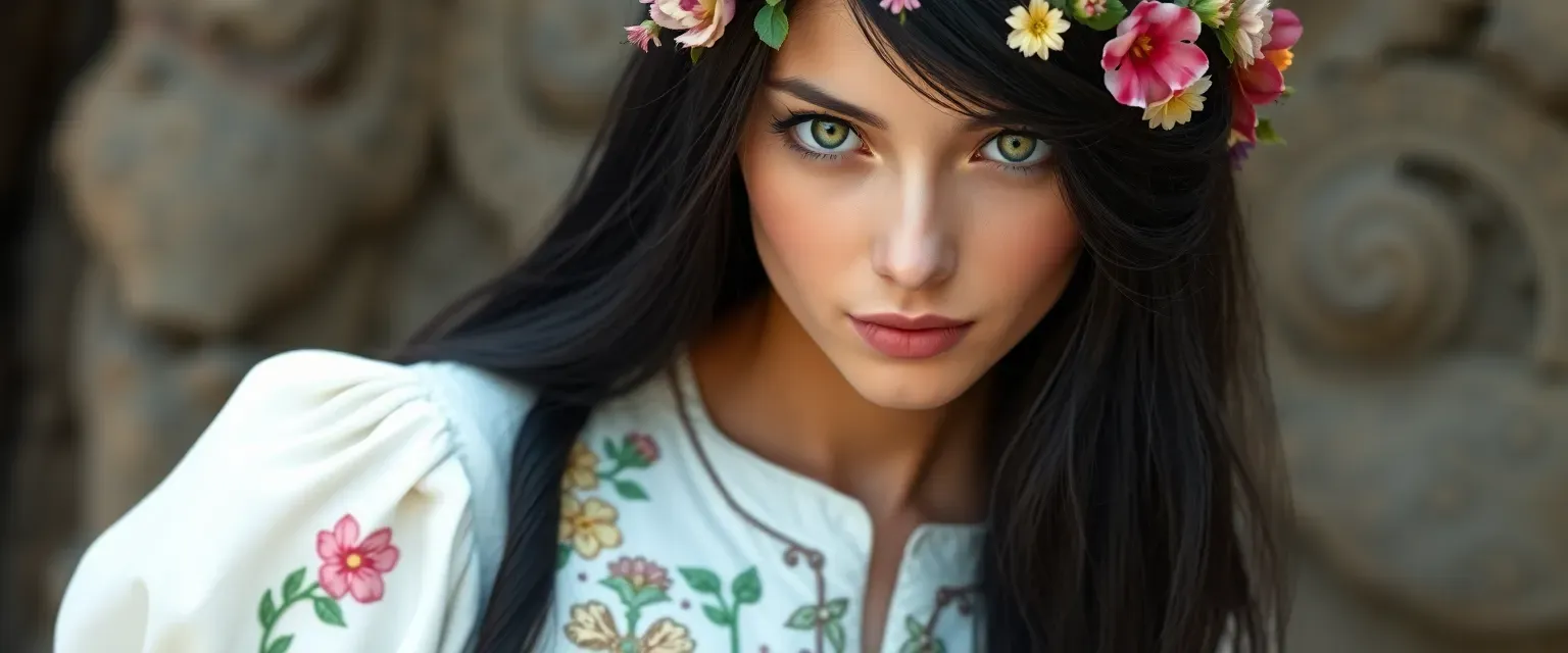 Young woman with long black hair, green eyes, wearing a white traditional dress with floral embroidery and a wildflower wreath.