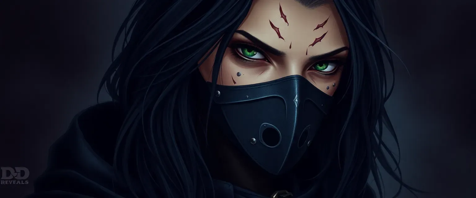 Dark-haired woman with scars on neck and face, wearing a mask and a cloak, emerald green eyes.