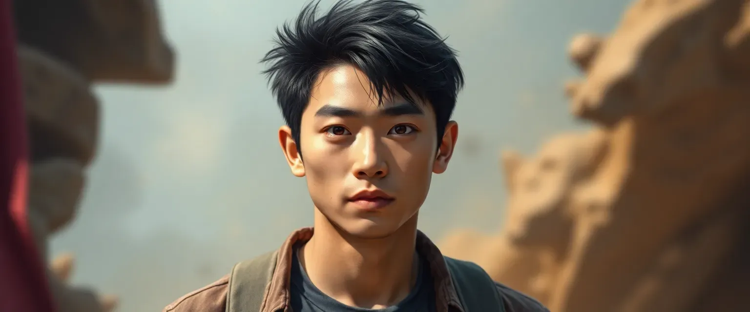 25-year-old Japanese-American man with short, tousled black hair and sharp brown eyes, wearing casual clothes.