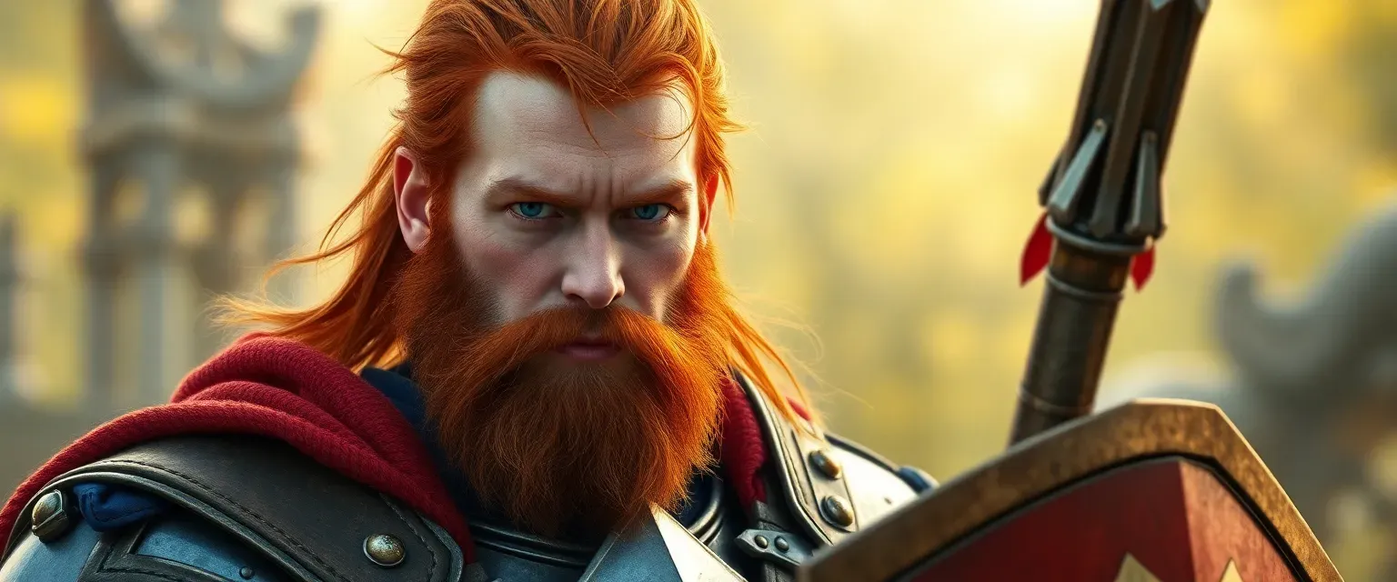 Red-haired man in his late thirties with a red beard, blue eyes, strong build, wearing knight's armor.