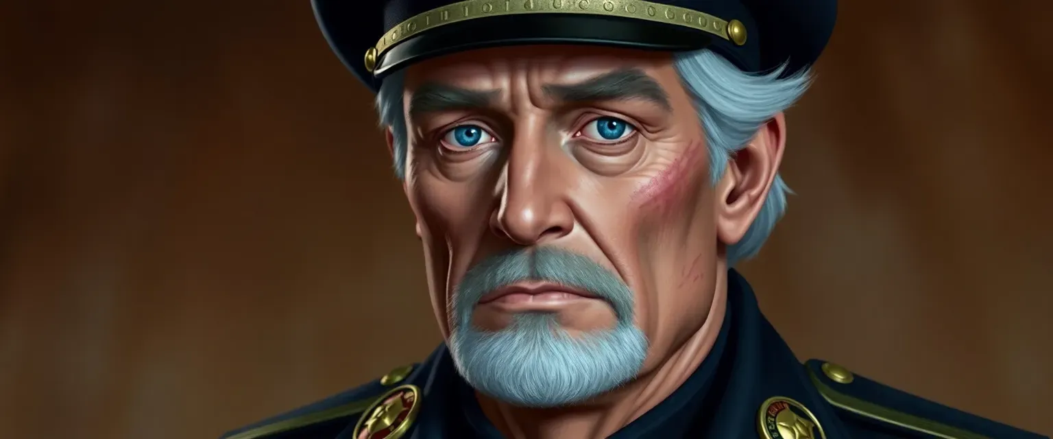 A grizzled, late-fifties naval captain with gray hair, blue eyes, and a scar. Wears a medal-adorned Imperial Navy uniform.
