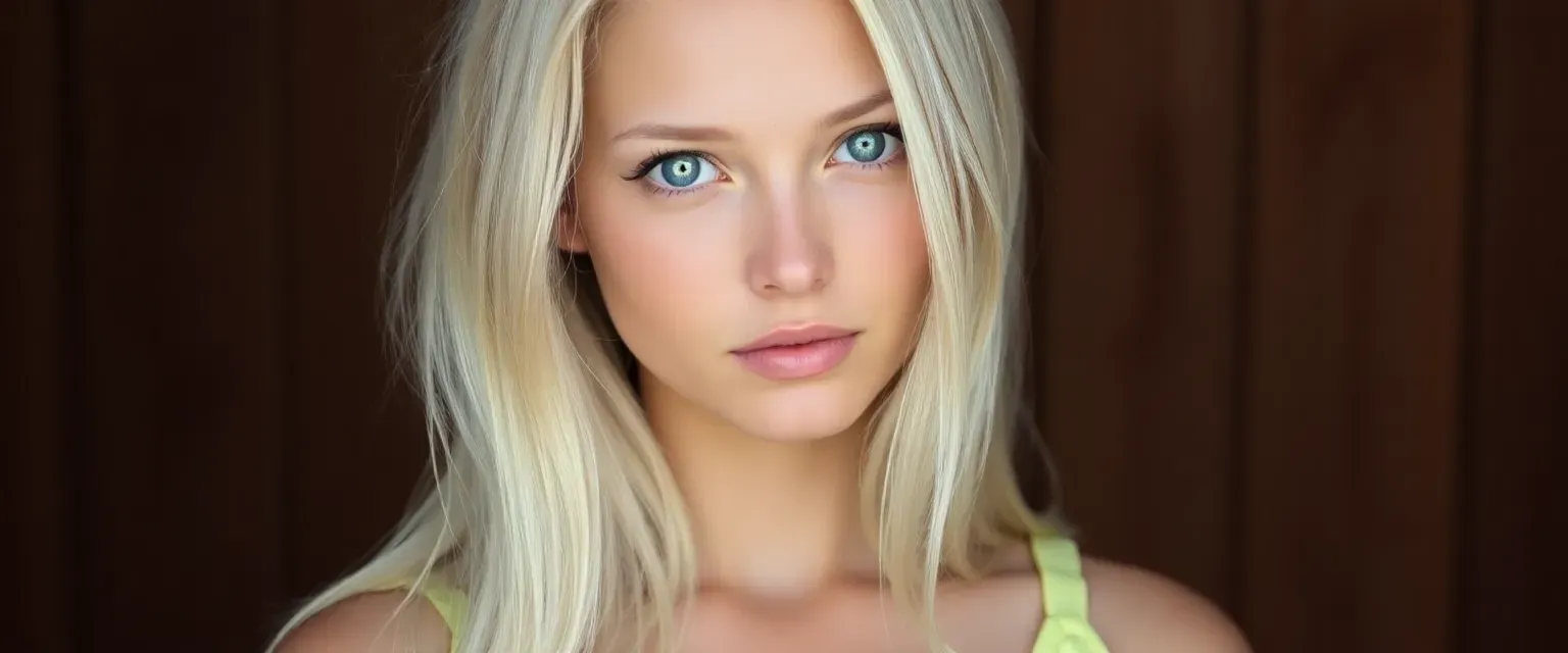 Young woman with long platinum blonde hair, doe-shaped blue eyes, slim face, small nose, wearing a pale yellow sundress.