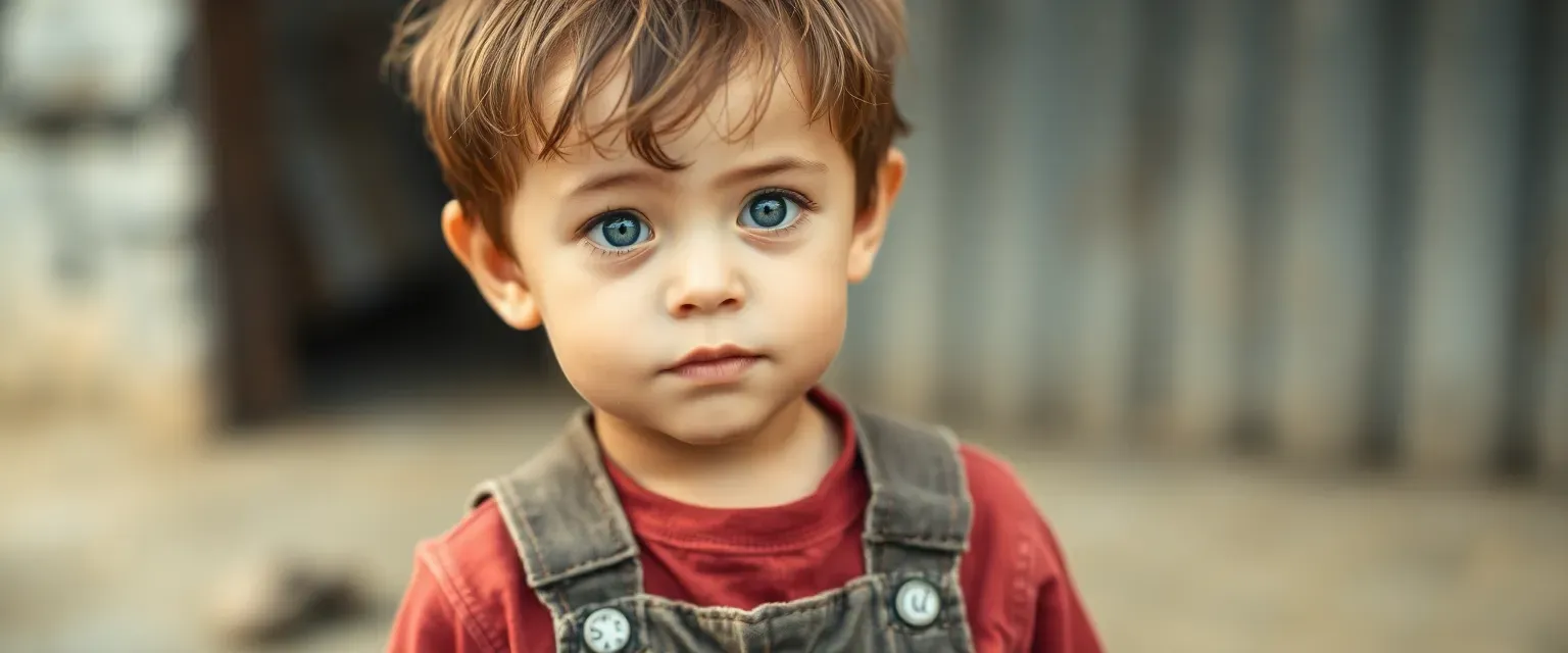 Small boy with wiry frame, expressive eyes, tangled chestnut hair, patched overalls, faded red shirt.