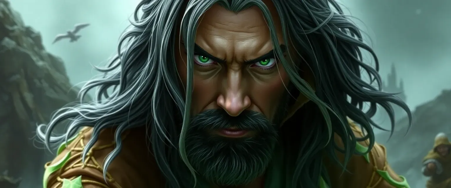 42-year-old man with long, silver-streaked dark hair and piercing green eyes, wearing enchanted vine robes.
