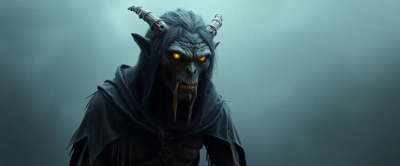 Tall, emaciated wendigo with glowing yellow eyes, gray matted hair, and tattered hunter's cloak.