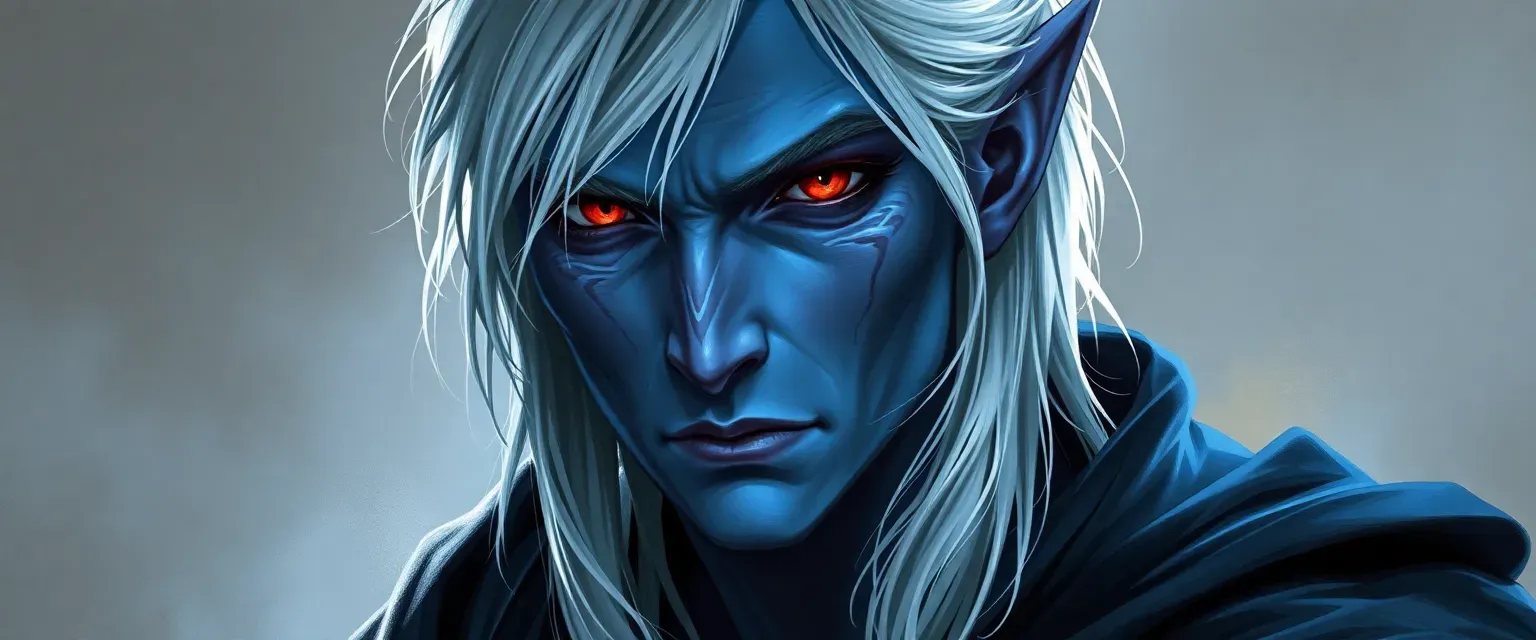 Male drow with blue skin, crimson eyes, silver hair, and a facial scar, dressed in dark, flowing robes.