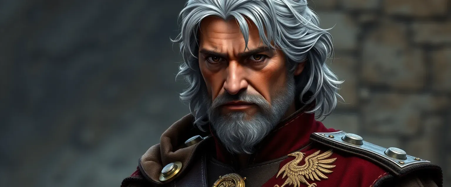 A seasoned Byzantine officer in his early 40s with silver-streaked hair and a worn uniform bearing the imperial eagle.