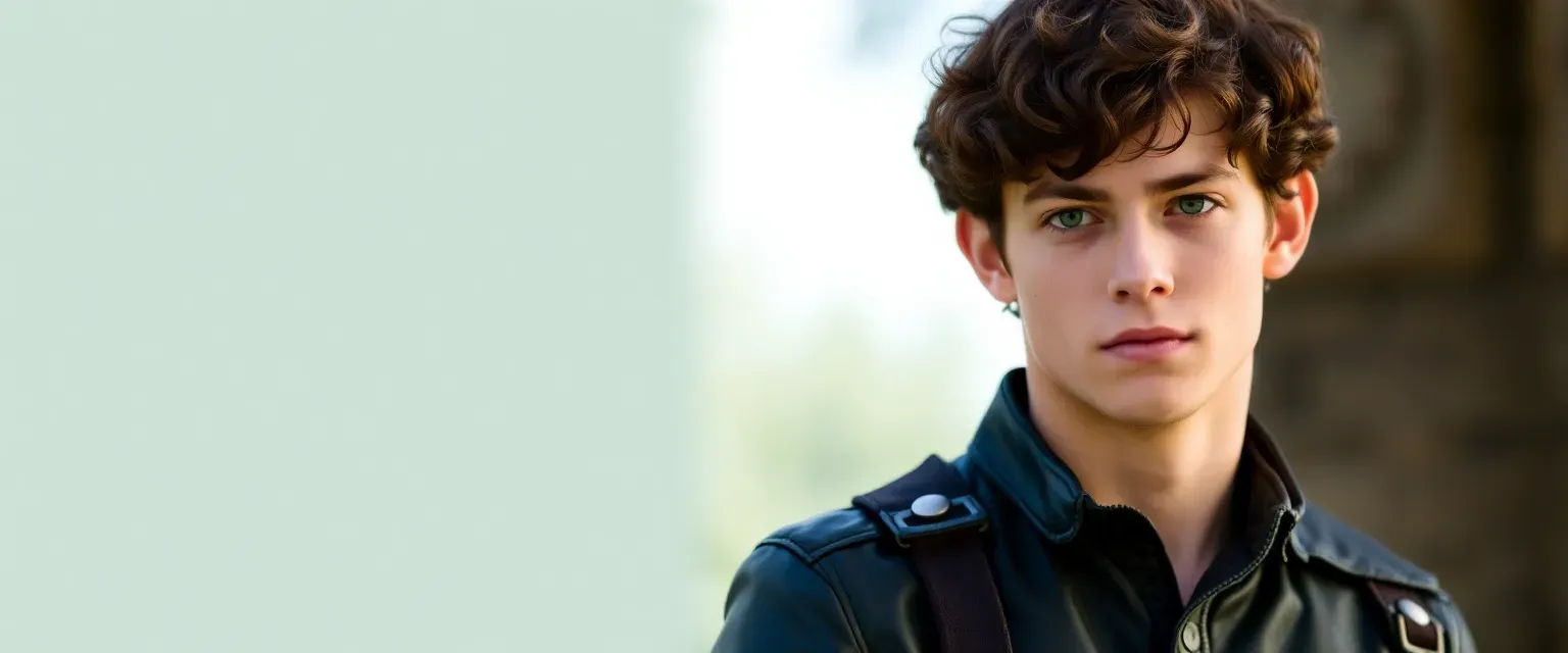 17-year-old Gavin with curly dark brown hair, emerald green eyes, strong build, wearing Scout leathers.