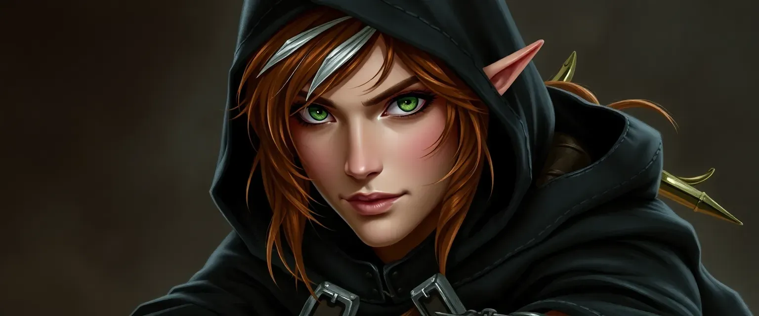 28-year-old half-elf rogue with chestnut hair and silver streaks, green-gold eyes, wearing a dark hooded mantle, leather boots and gloves.