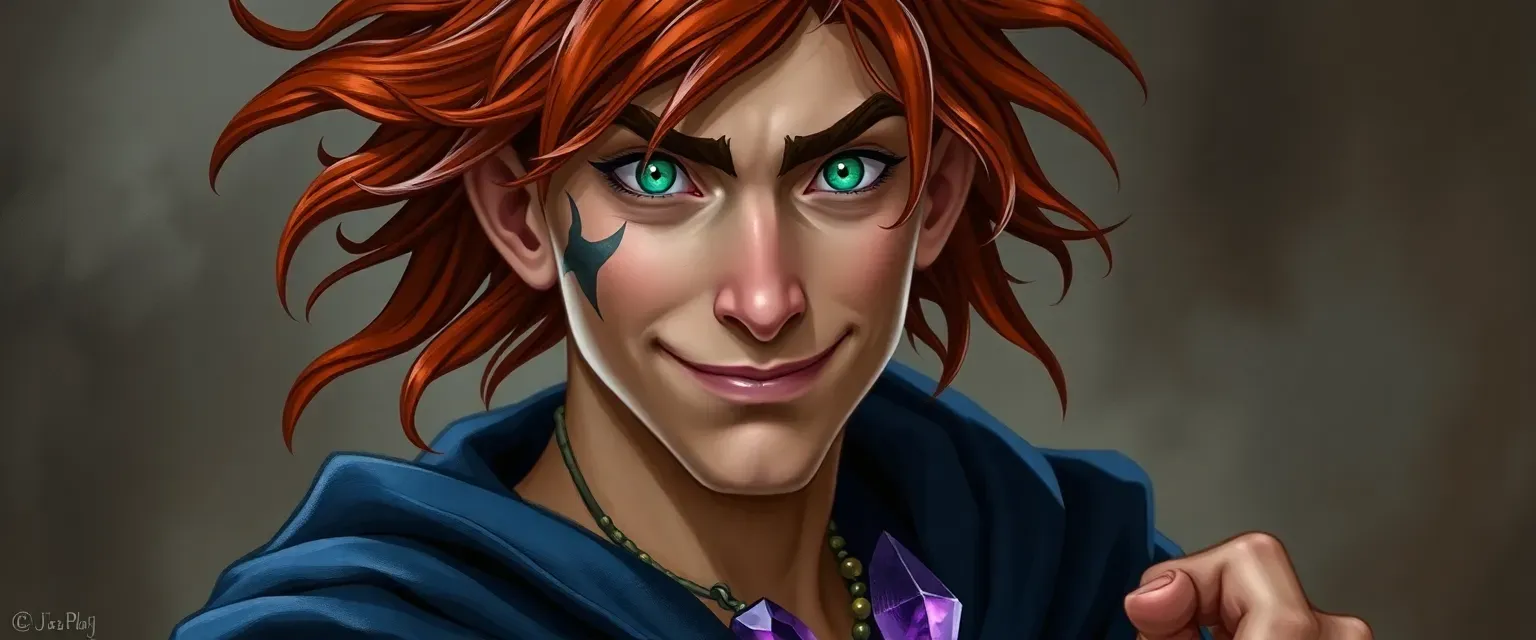 35-year-old wiry sorcerer with wild chestnut curls streaked silver, sharp green eyes, scarred cheek, wearing indigo cloak, leather jerkin, and amethyst pendant; lean, angular face with mischievous grin.