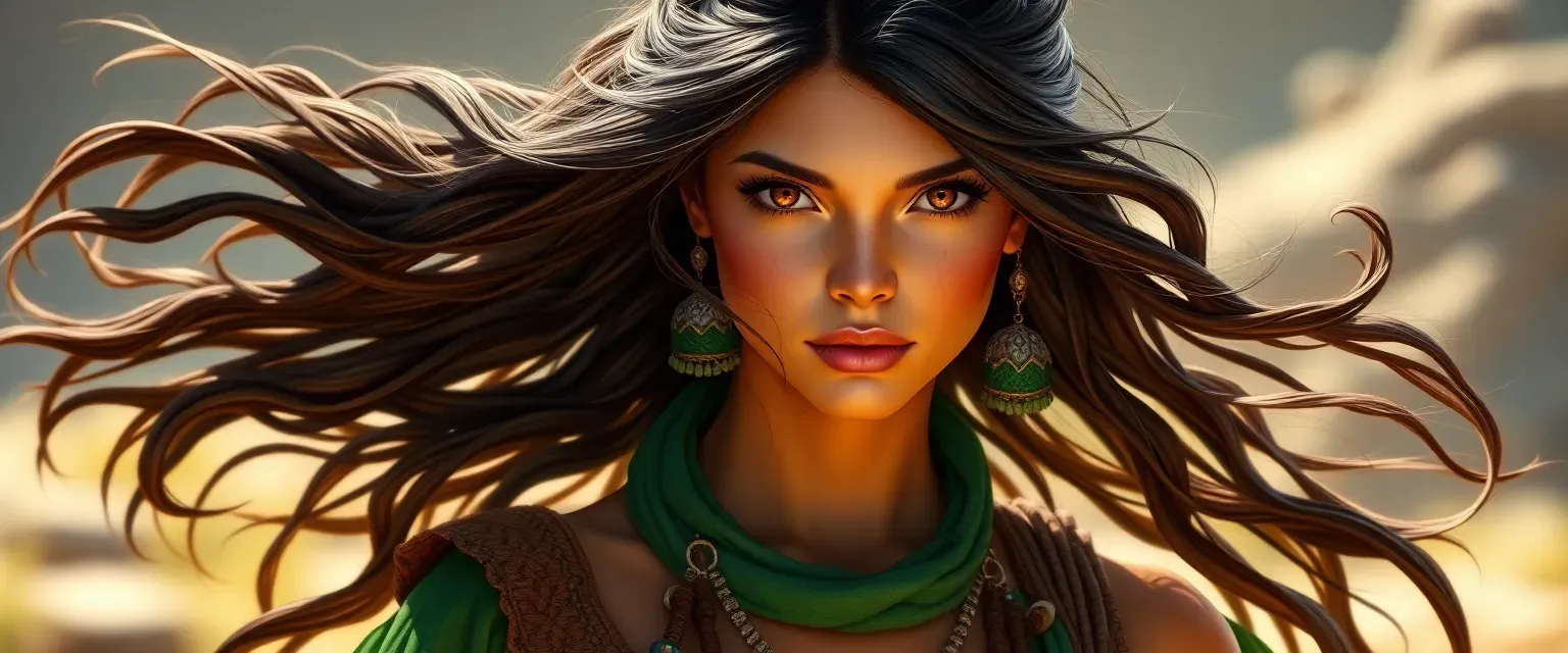 22-year-old Zephyrian woman with amber eyes, dark flowing hair, sun-kissed skin, wearing vibrant green and earth-toned tribal attire.