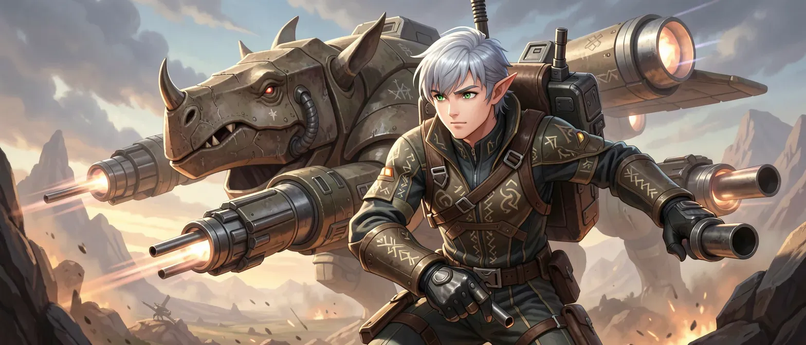 20-year-old elf male with silver hair, green eyes, in rune-etched pilot suit beside rhino mecha with thrusters, gatling arms, and jet pack.