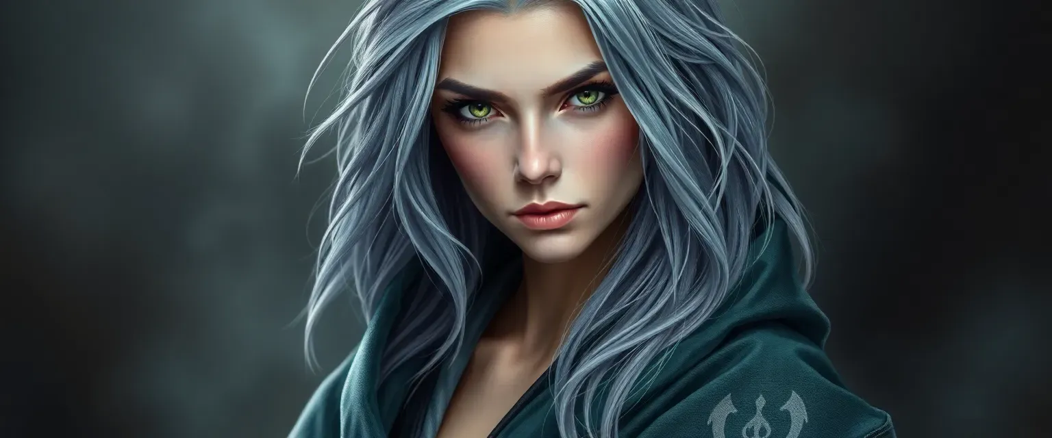 An ageless woman with silver-black hair, green eyes, wearing a mood-shifting robe with arcane symbols.
