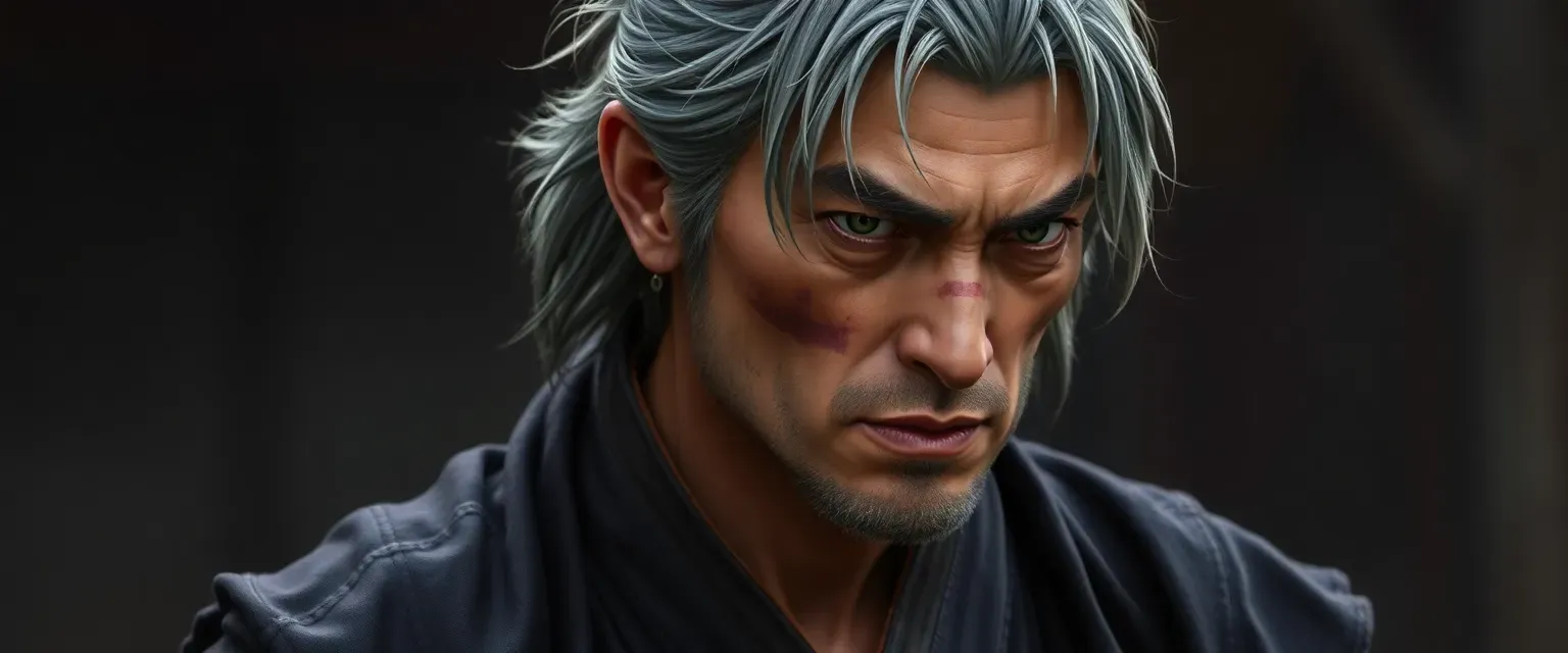 38-year-old samurai with graying hair, scar on cheek, wearing a worn dark kimono and hakama.