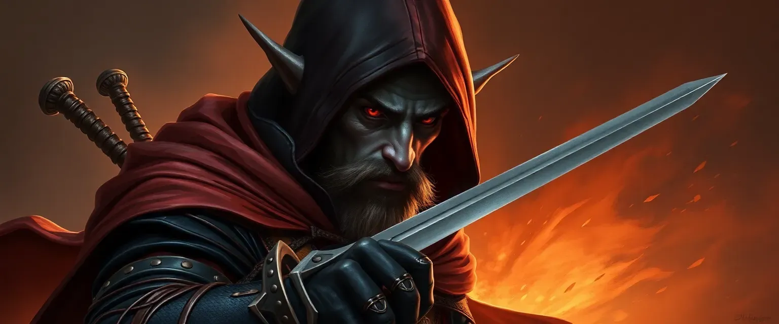35-year-old male Tiefling, gray skin, red eyes, black and red leather armor, cloak covering half his face, dual swords and daggers.