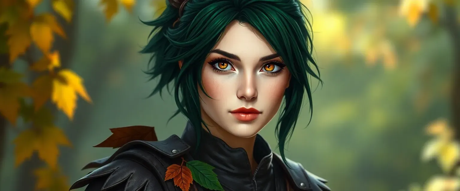 32-year-old woman with dark green hair and amber eyes, wearing a leaf-adorned leather tunic and sturdy boots.