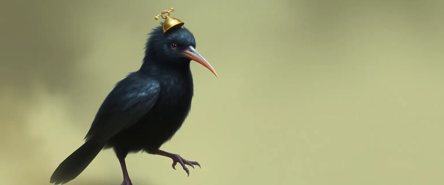 Black kiwi bird with a bell on head, celestial origin, follows MC.