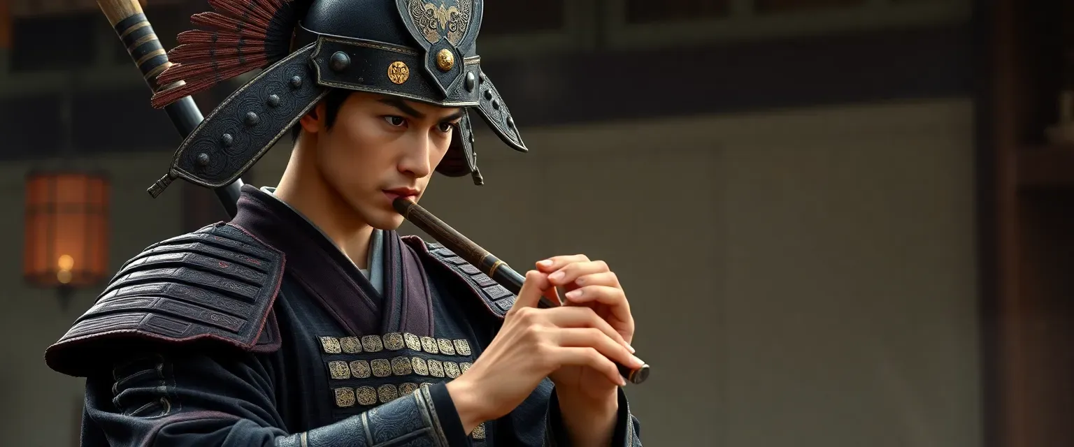 23-year-old Japanese feudal lord, charismatic, lean and muscular, in samurai armor and lord's robes, playing shakuhachi.