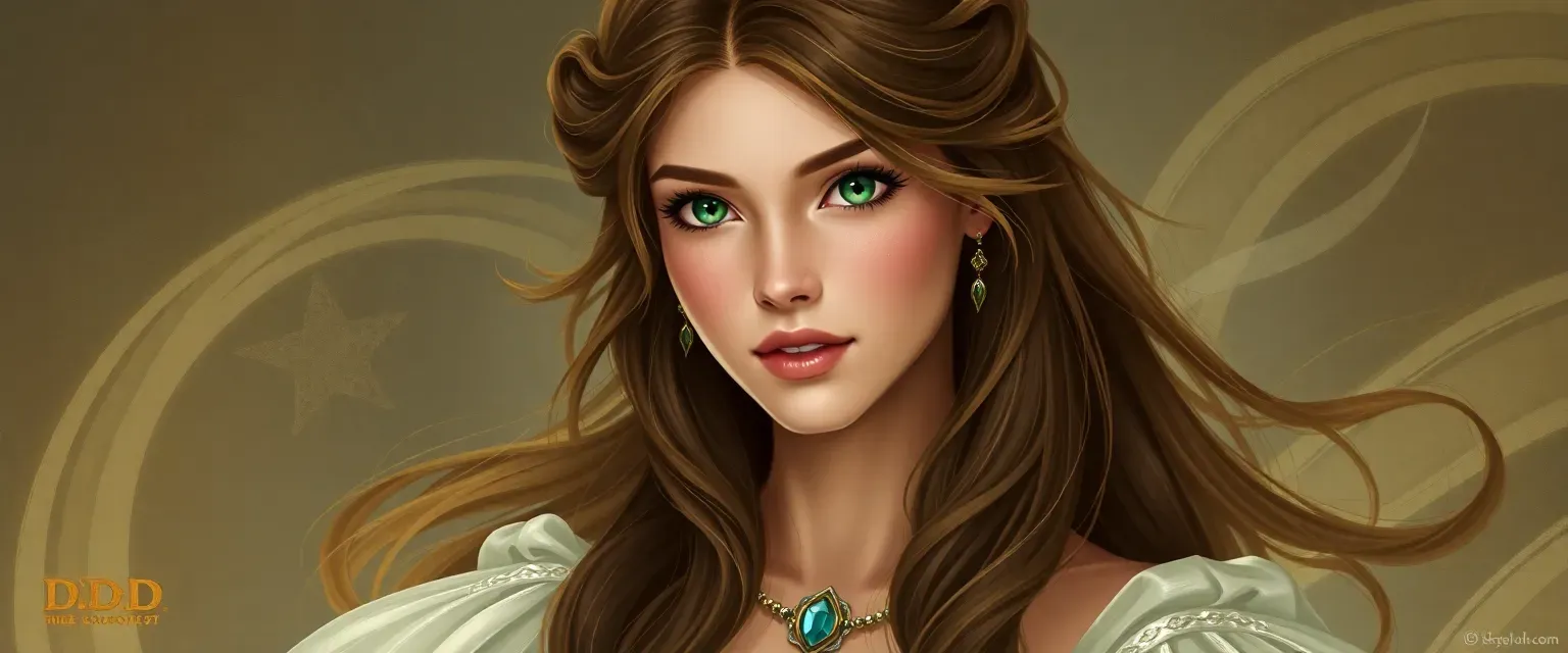 22-year-old princess with long brown hair, emerald eyes, wearing soft-hued flowing gowns.