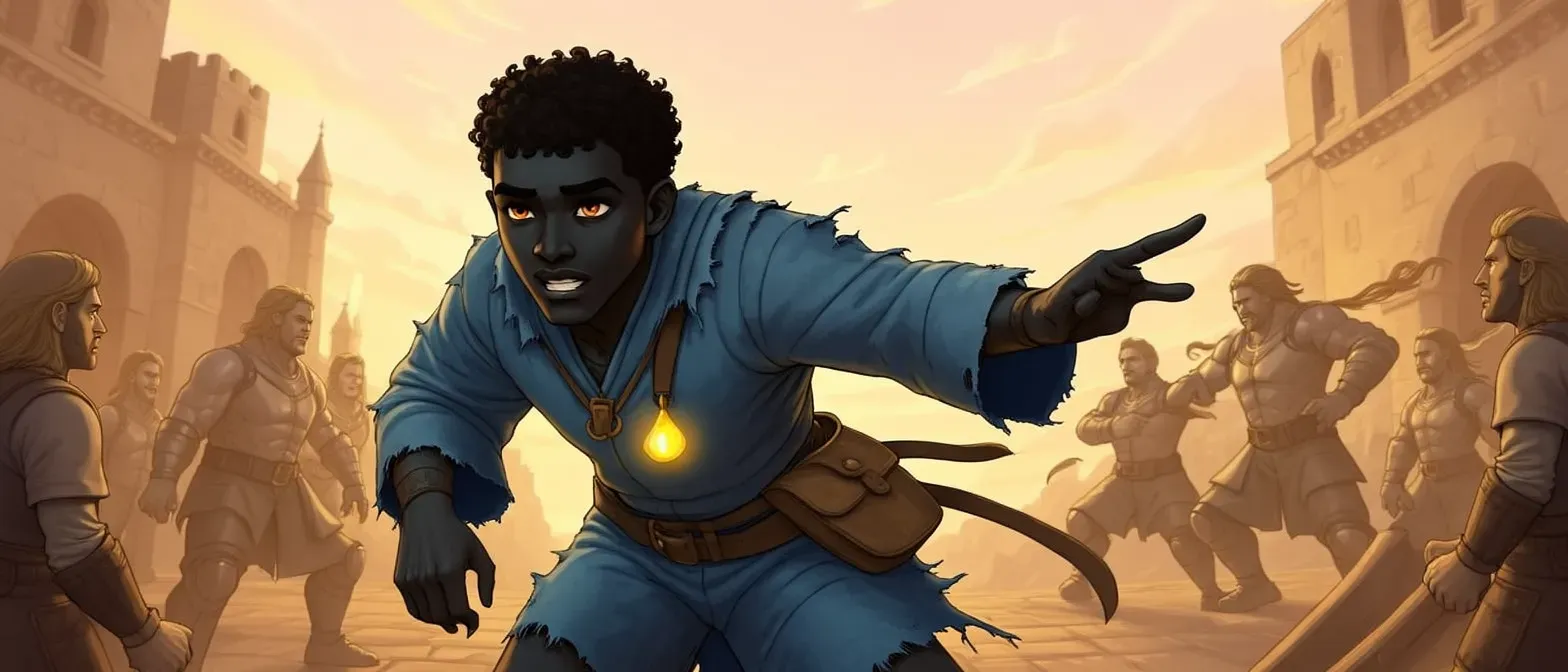 A 16-year-old Black human mage student with obsidian skin, amber eyes, close-cropped curls, wearing frayed blue novice robes and carrying a satchel with a glowing pendant.