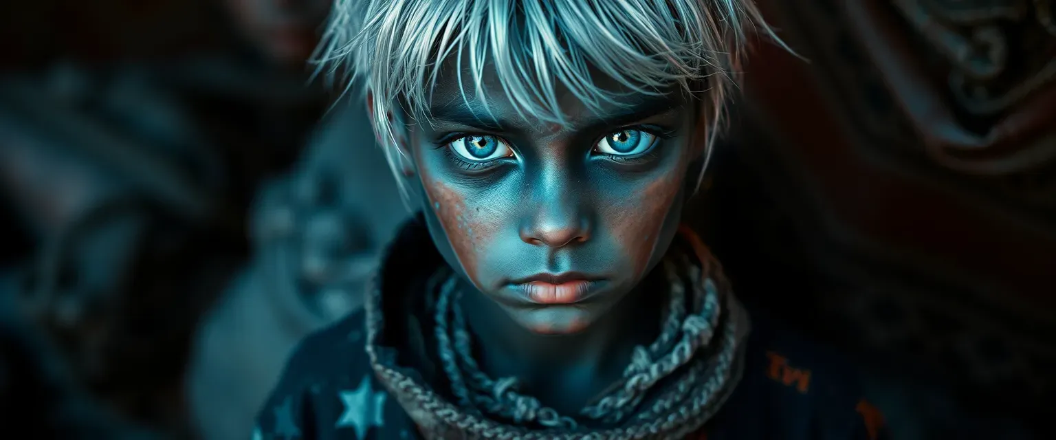 Young Trennixan boy with twilight-hued skin, luminous eyes, and silver hair, wearing a patchwork of scavenged clothes.