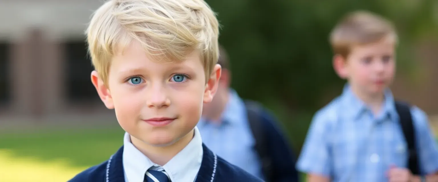 Jacob is an eleven-year-old boy with blond hair and striking blue eyes. Short in stature but confident in demeanor, he wears a neatly pressed school uniform.