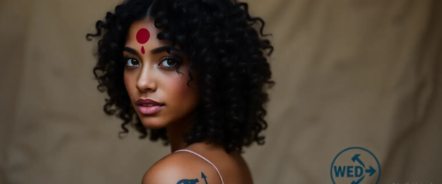 24-year-old mixed-race woman, curly shoulder-length hair, circle birthmark on forehead, beauty mark on right cheek, 5ft 4, brown eyes, fire power tattoo on hand.