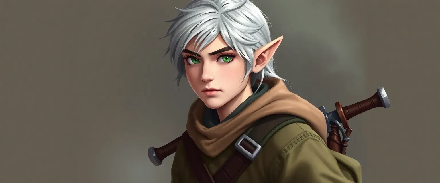 Young half-elf with silver hair and green eyes, wearing practical traveler's clothes, carrying a sword.