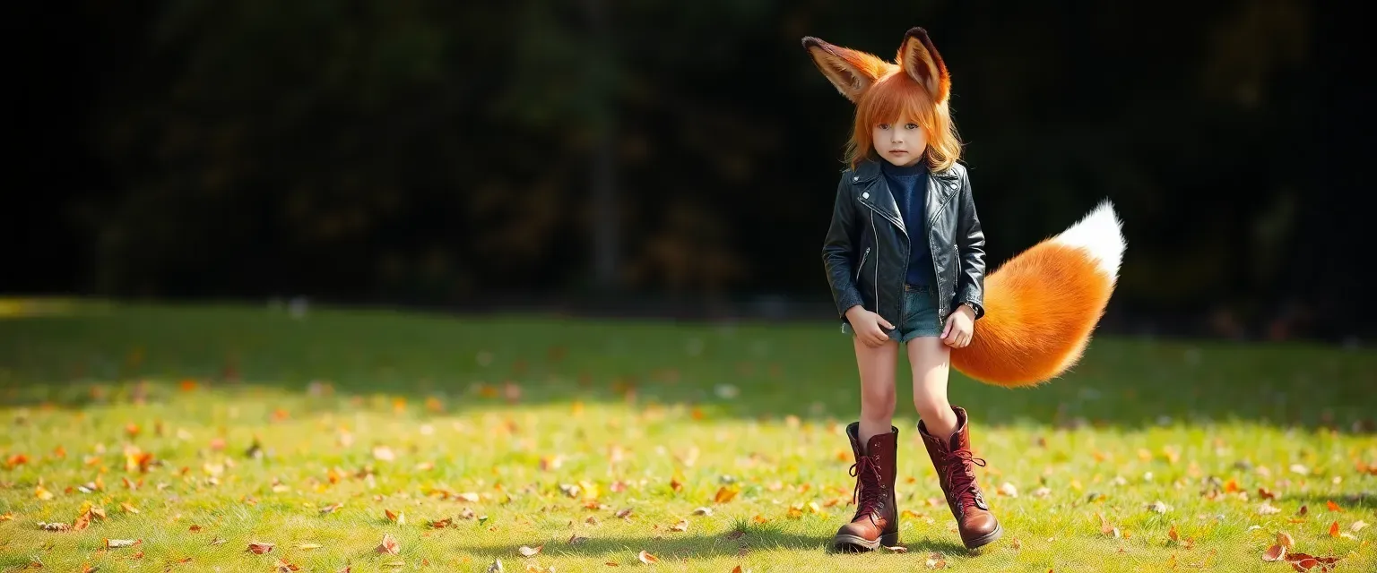 14-year-old girl with fox ears and tail, wearing a leather jacket and boots, red fox form.