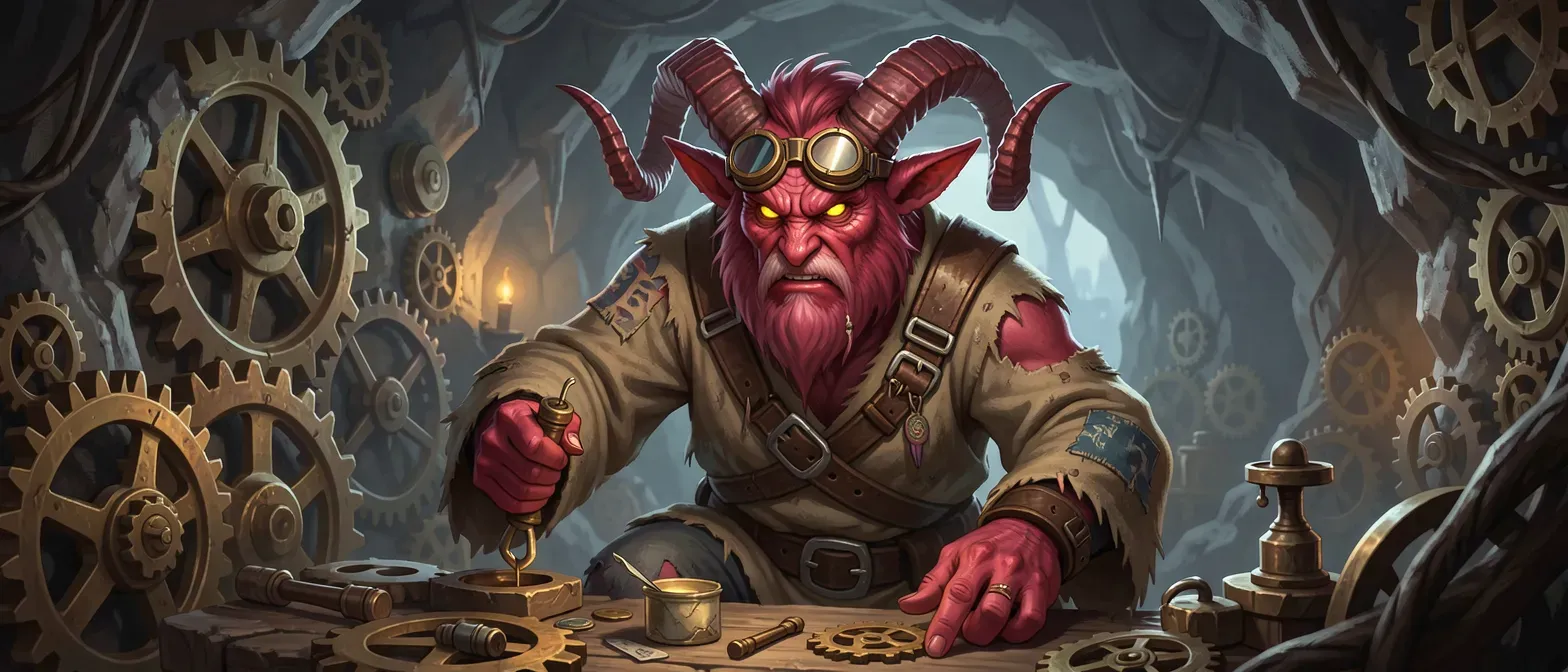 Middle-aged crimson tiefling hermit with spiraling horns, yellow eyes, goggles, and patched robes tinkering amid cave gears.